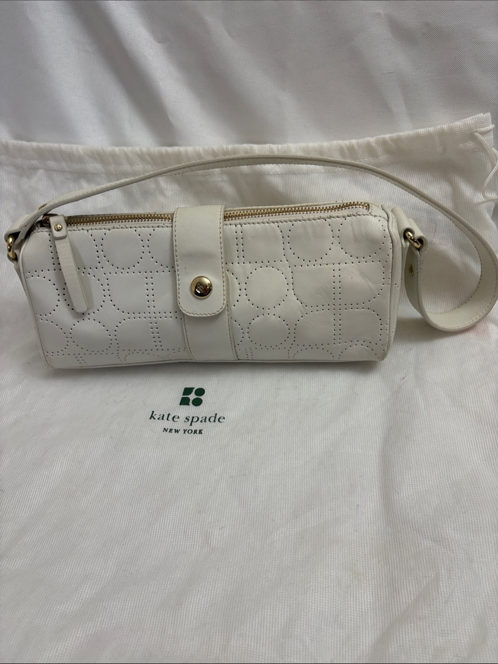 kate spade White Perforated Leather Barrel Shoulder Bag with Gold Hardware